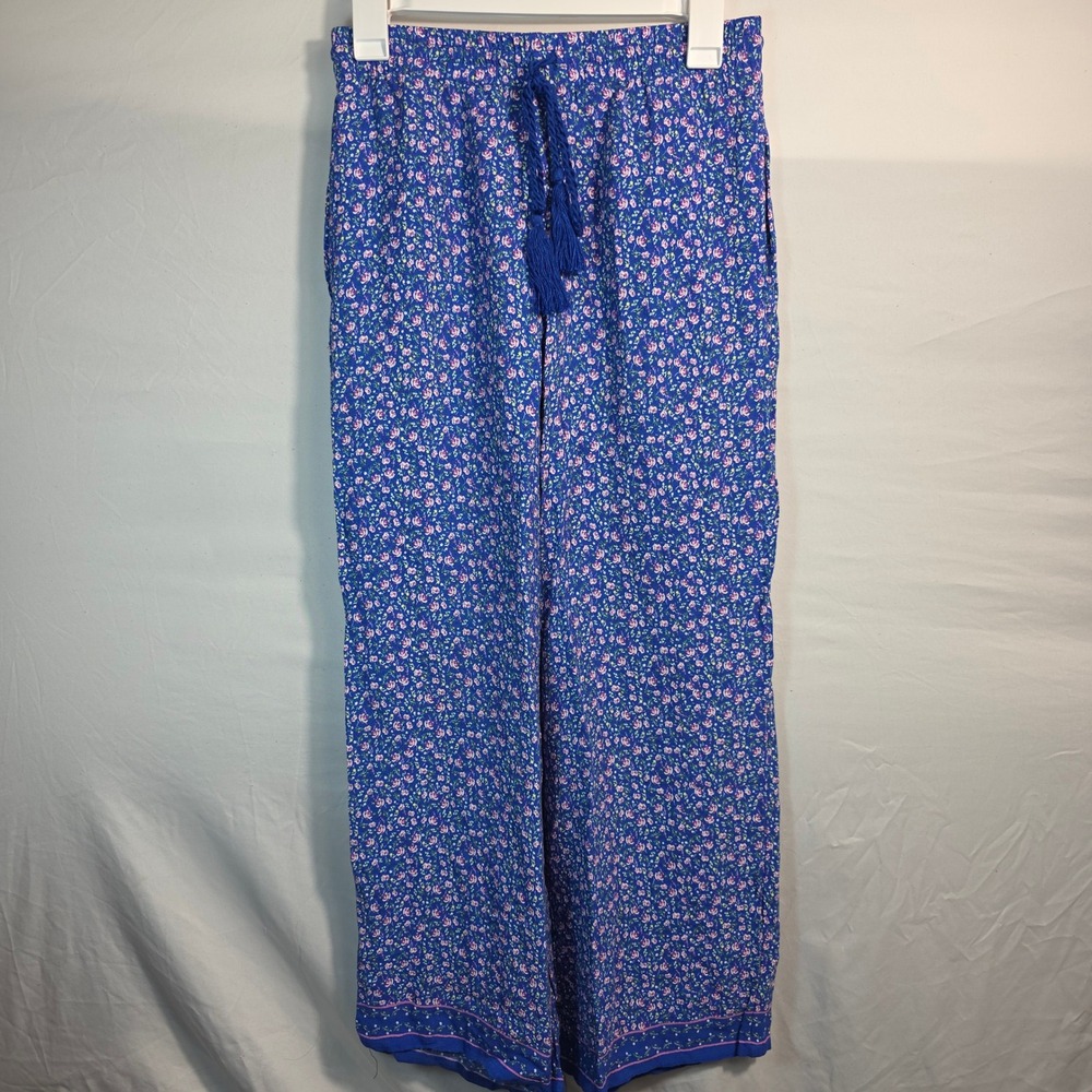 Blue Floral Wide Leg Tassel Drawstring Boho Lounge Pants Women Size Medium